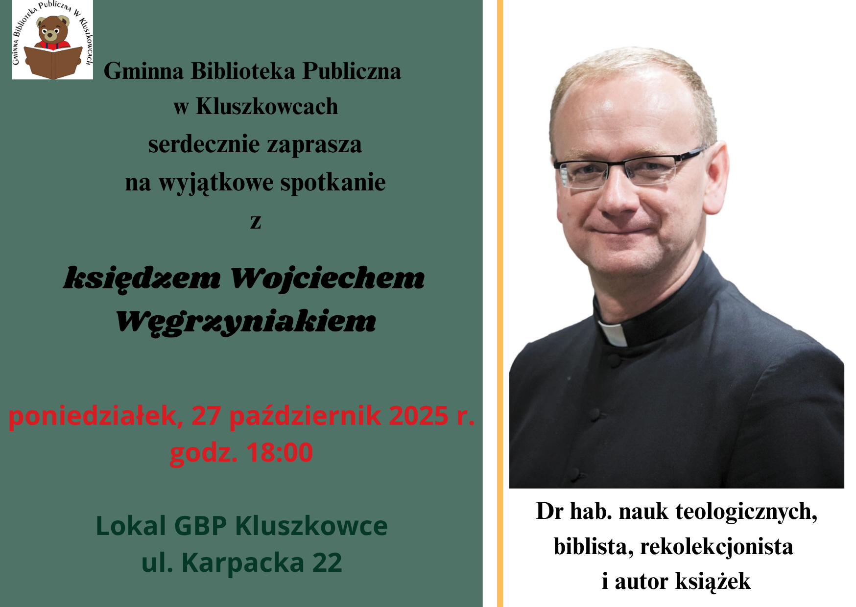 Spotkanie z ks. Wojciechem Węgrzyniakiem w GBP w Kluszkowcach