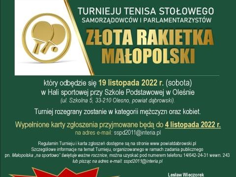 Zmiana terminu rozegrania II Turnieju Tenisa Stołowego Samorządowców i Parlamentarzystów „Złota Rakietka Małopolski”