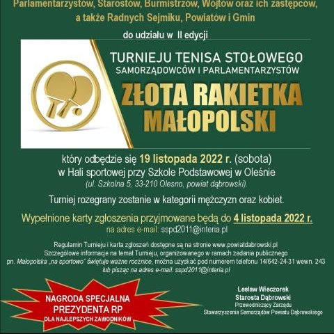 Zmiana terminu rozegrania II Turnieju Tenisa Stołowego Samorządowców i Parlamentarzystów „Złota Rakietka Małopolski”