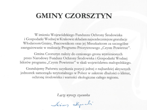 List Gratulacyjny dla Gminy Czorsztyn