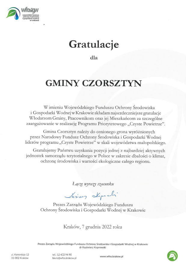 List Gratulacyjny dla Gminy Czorsztyn
