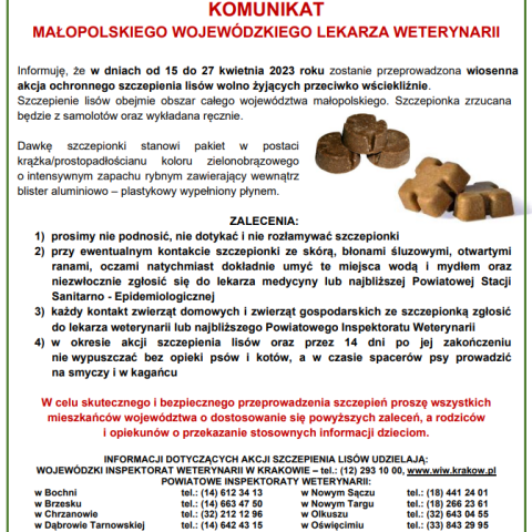 KOMUNIKAT MAŁOPOLSKIEGO WOJEWÓDZKIEGO LEKARZA WETERYNARII
