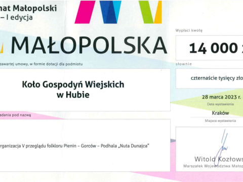 Koło Gospodyń Wiejskich w Hubie otrzymało dotację w wysokości 14 000,00 zł od Zarządu Województwa Małopolskiego w ramach konkursu „Mecenat Małopolski 2023 - I edycja”.