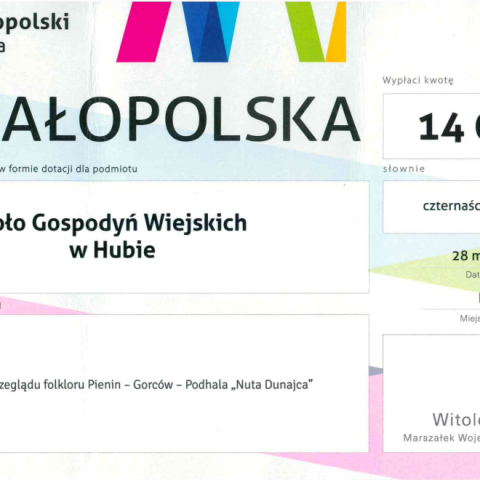 Koło Gospodyń Wiejskich w Hubie otrzymało dotację w wysokości 14 000,00 zł od Zarządu Województwa Małopolskiego w ramach konkursu „Mecenat Małopolski 2023 - I edycja”.