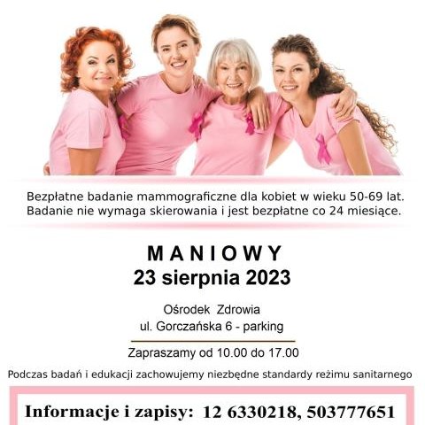 Bezpłatne badania mammograficzne - 23 sierpnia 2023 - MANIOWY