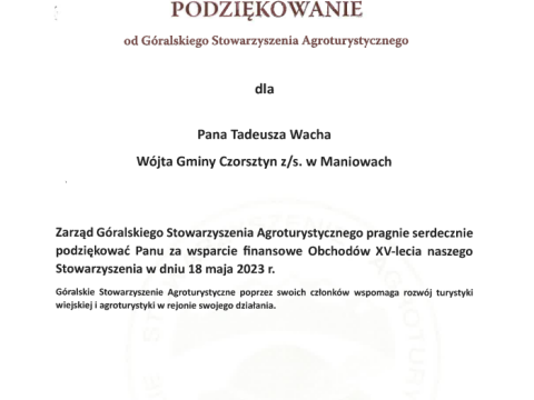 Podziękowanie od Góralskiego Stowarzyszenia  Agroturystycznego