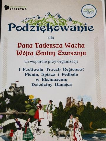 Podziękowania dla Wójta Gminy Czorsztyn za wsparcie I Festiwalu Trzech Regionów w Niedzicy