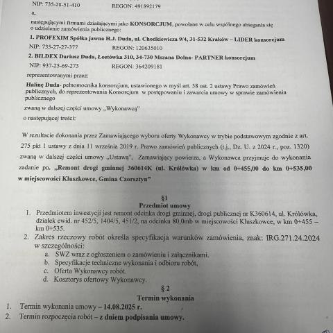 Umowa na remont drogi Królówka w Kluszkowcach podpisana