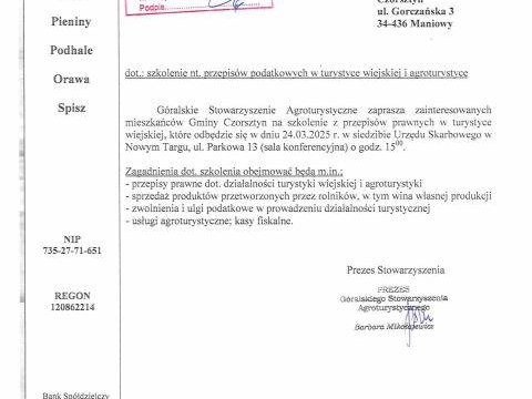 Góralskie Stowarzyszenie Agroturystyczne zaprasza na szkolenie!