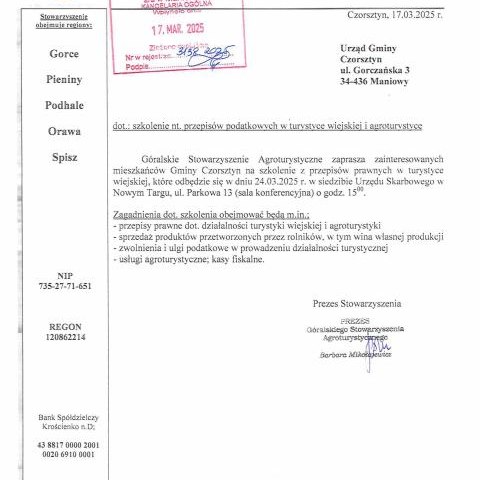 Góralskie Stowarzyszenie Agroturystyczne zaprasza na szkolenie!
