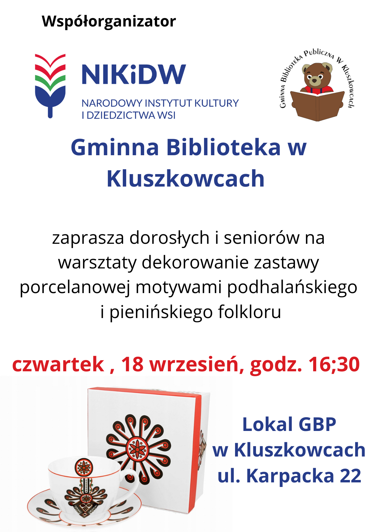 Gminna Biblioteka Publiczna w Kluszkowcach zaprasza dorosłych oraz seniorów na warsztaty