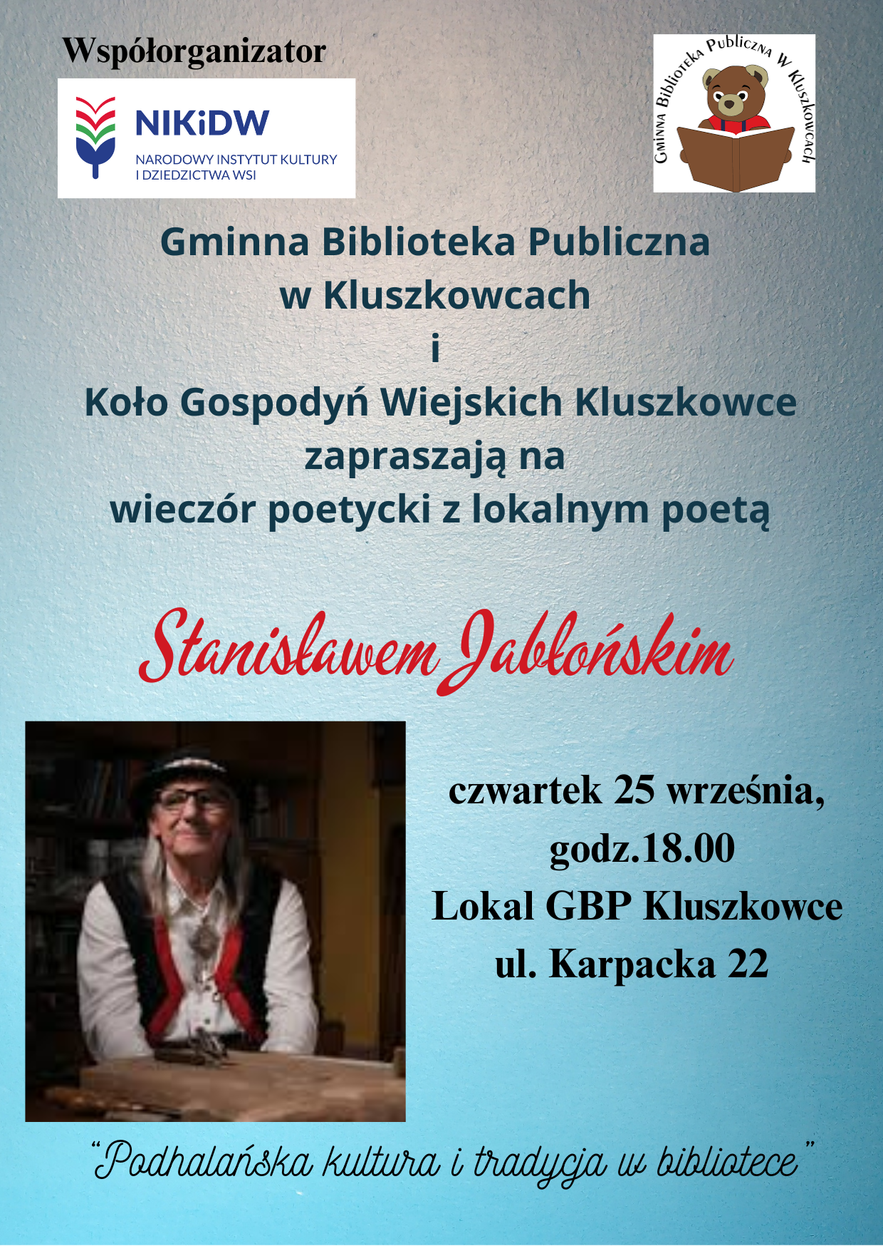 Wieczór Poetycki ze Stanisławem Jabłońskim w GBP w Kluszkowcach