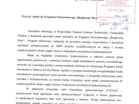OGŁOSZENIE O NABORZE do udziału w zadaniu realizowanym w ramach Programu Priorytetowego „BEZPIECZNY DOM”