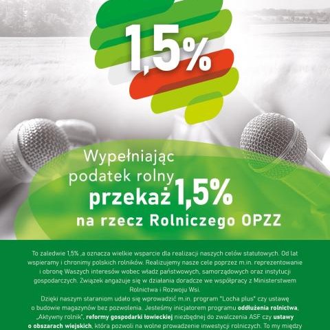 Przypomnienie o terminie składania deklaracji dotyczących przekazania 1,5% podatku rolnego