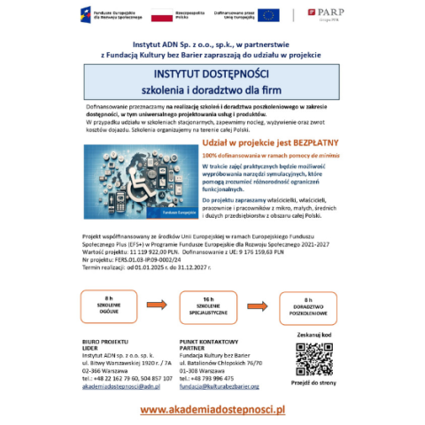 Instytut ADN sp. z o.o. sp. k. oraz  Fundacja Kultury bez Barier zapraszają Przedsiębiorców do udziału w projekcie Instytut Dostępności - szkolenia i doradztwo dla firm