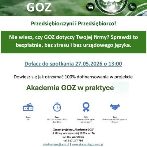 Krajowa Izba Gospodarcza oraz Instytut ADN spółka z ograniczoną odpowiedzialnością sp. k. zapraszają do udziały w projekcie „Akademia GOZ”