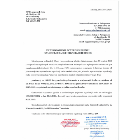 Czasowa organizacja ruchu na drodze powiatowej Szaflary – Ostrowsko