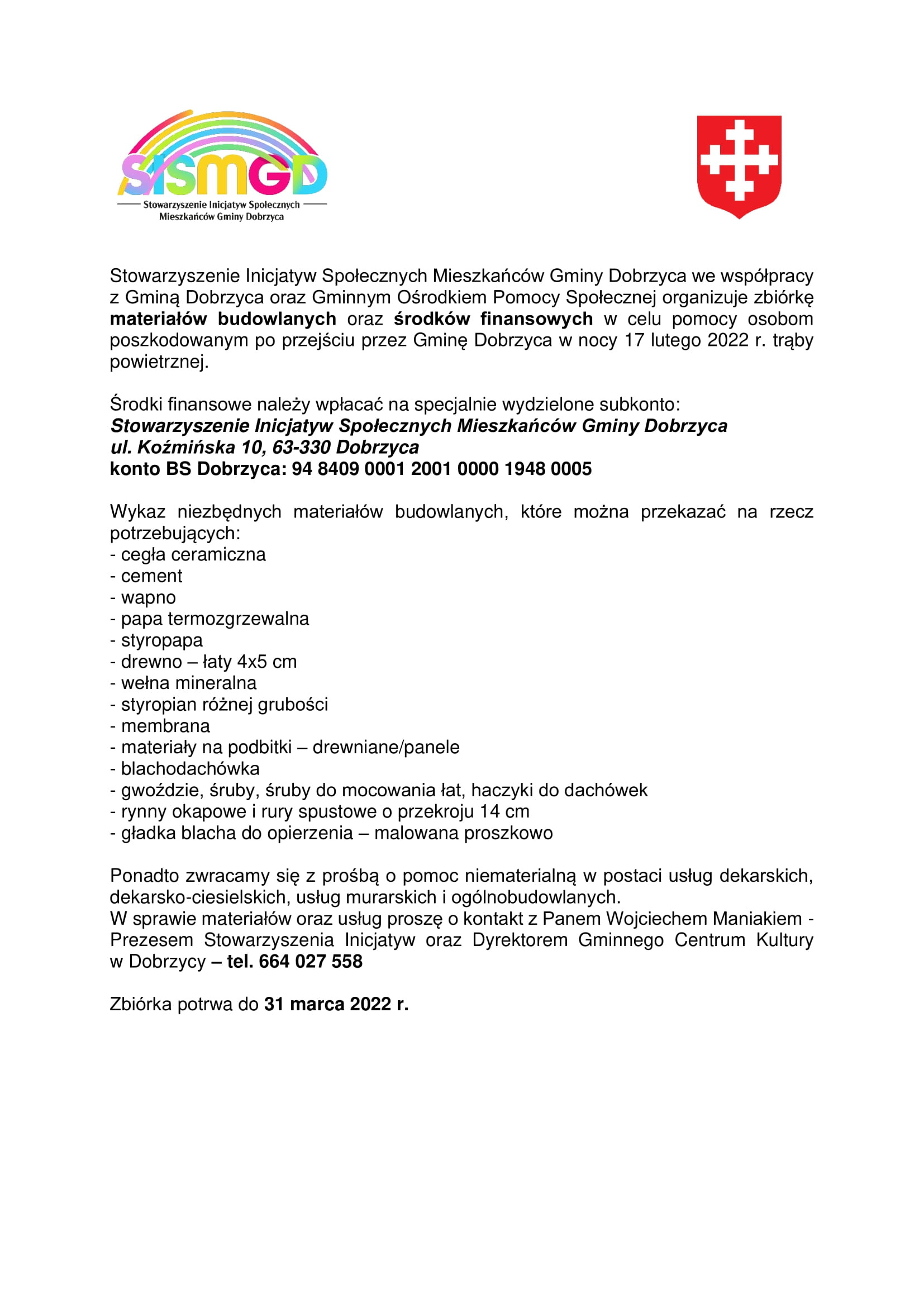 Informacja o zbiórce w celu pomocy osobom poszkodowanym po przejściu trąby powietrznej przez Gminę Dobrzyca w nocy 17 lutego 2022 r.