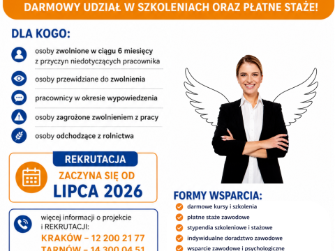 Projekt „Rozwiń SKRZYDŁA 2.0!” to bezpłatne wsparcie dla mieszkańców Małopolski, którzy chcą świadomie zaplanować kolejny krok zawodowy.