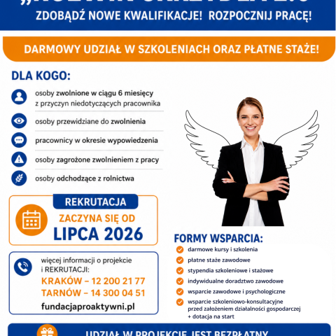 Projekt „Rozwiń SKRZYDŁA 2.0!” to bezpłatne wsparcie dla mieszkańców Małopolski, którzy chcą świadomie zaplanować kolejny krok zawodowy.