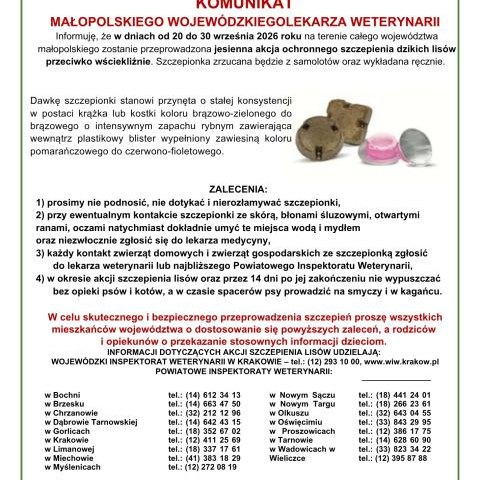 Jesienna akcja szczepienia lisów przeciwko wściekliźnie na terenie województwa małopolskiego
