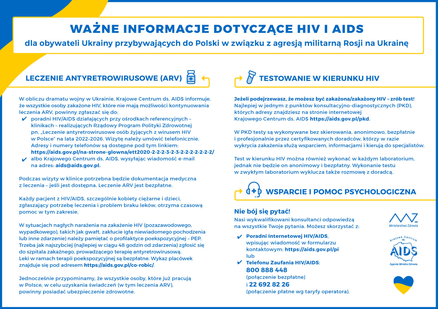 Ulotki dotyczące gruźlicy, HIV i AIDS dla obywateli Ukrainy