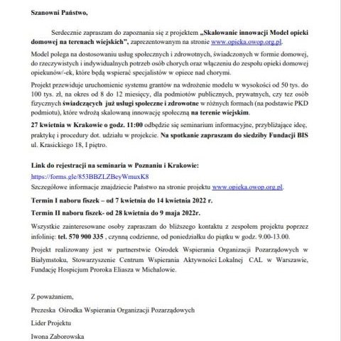 Zaproszenie na spotkanie - granty dla pomiotów świadczących usługi społeczne i zdrowotne