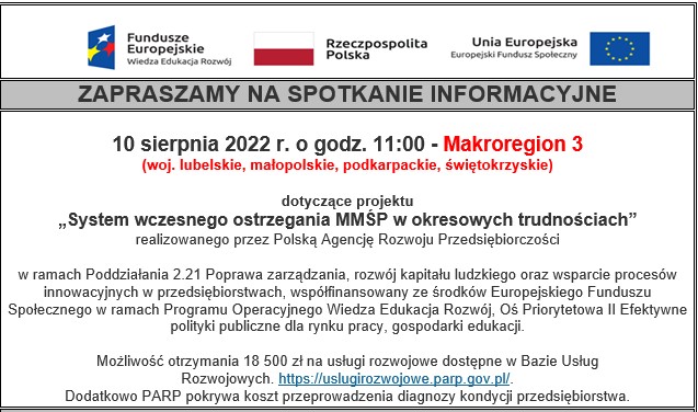 SPOTKANIE INFORMACYJNE dotyczące projektu „System wczesnego ostrzegania MMŚP w okresowych trudnościach”