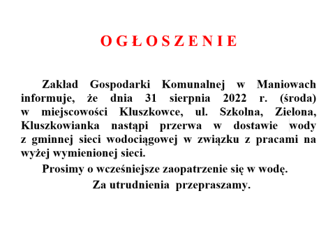 Przerwa w dostawie wody w Kluszkowcach