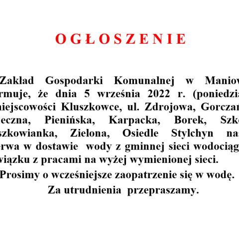 Przerwa w dostawie wody w Kluszkowcach