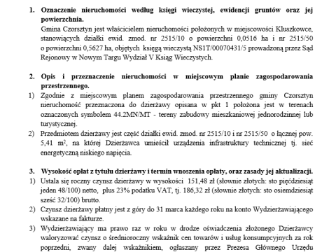 Wójt Gminy Czorsztyn podaje do publicznej wiadomości wykaz nieruchomości gruntowej przeznaczonej do oddania w dzierżawę