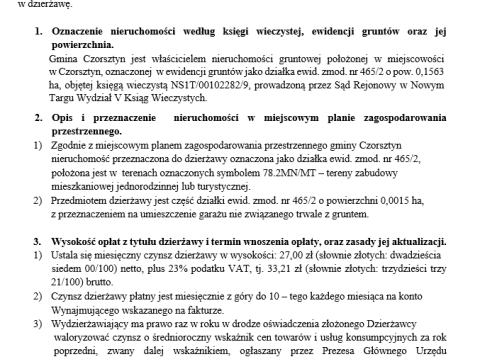 Wójt Gminy Czorsztyn podaje do publicznej wiadomości wykaz nieruchomości gruntowej przeznaczonej do oddania w dzierżawę