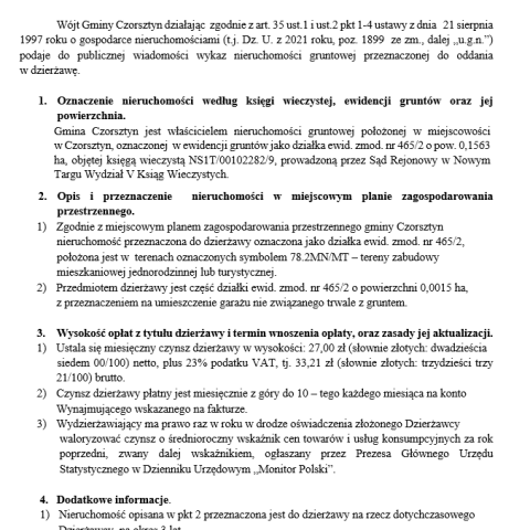 Wójt Gminy Czorsztyn podaje do publicznej wiadomości wykaz nieruchomości gruntowej przeznaczonej do oddania w dzierżawę
