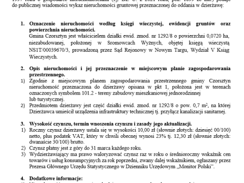 Wójt Gminy Czorsztyn podaje do publicznej wiadomości wykaz nieruchomości gruntowej przeznaczonej do oddania w dzierżawę