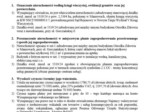 Wójt Gminy Czorsztyn podaje do publicznej wiadomości wykaz nieruchomości gruntowej przeznaczonej do oddania w dzierżawę