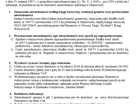 Wójt Gminy Czorsztyn podaje do publicznej wiadomości wykaz nieruchomości przeznaczonej do oddania w dzierżawę