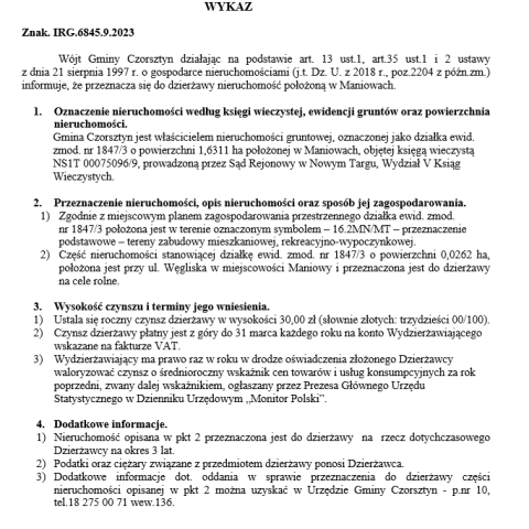 Wójt Gminy Czorsztyn podaje do publicznej wiadomości wykaz nieruchomości przeznaczonej do oddania w dzierżawę