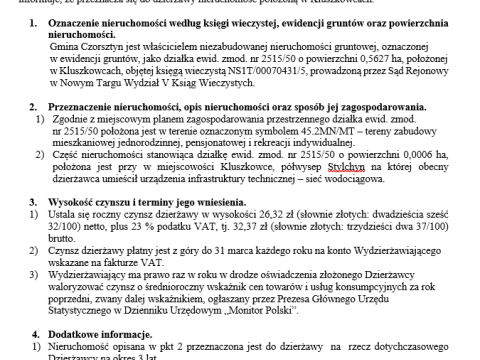 Wójt Gminy Czorsztyn podaje do publicznej wiadomości wykaz nieruchomości przeznaczonej do oddania w dzierżawę