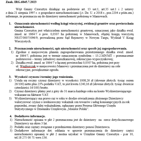 Wójt Gminy Czorsztyn podaje do publicznej wiadomości wykaz nieruchomości przeznaczonej do oddania w dzierżawę
