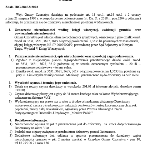 Wójt Gminy Czorsztyn podaje do publicznej wiadomości wykaz nieruchomości przeznaczonej do oddania w dzierżawę