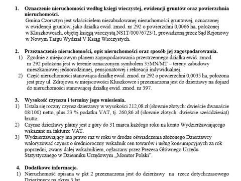 Wójt Gminy Czorsztyn podaje do publicznej wiadomości wykaz nieruchomości przeznaczonej do oddania w dzierżawę