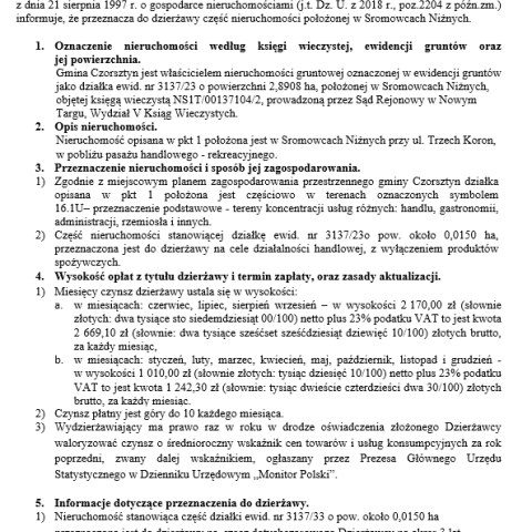 Wójt Gminy Czorsztyn podaje do publicznej wiadomości wykaz nieruchomości przeznaczonej do oddania w dzierżawę