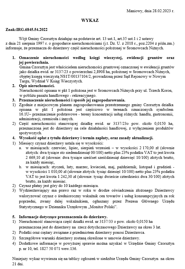 Wójt Gminy Czorsztyn podaje do publicznej wiadomości wykaz nieruchomości przeznaczonej do oddania w dzierżawę
