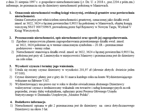 Wójt Gminy Czorsztyn podaje do publicznej wiadomości wykaz nieruchomości przeznaczonej do oddania w dzierżawę