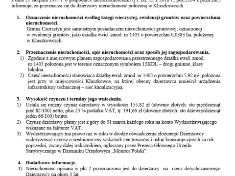 Wójt Gminy Czorsztyn podaje do publicznej wiadomości wykaz nieruchomości przeznaczonej do oddania w dzierżawę
