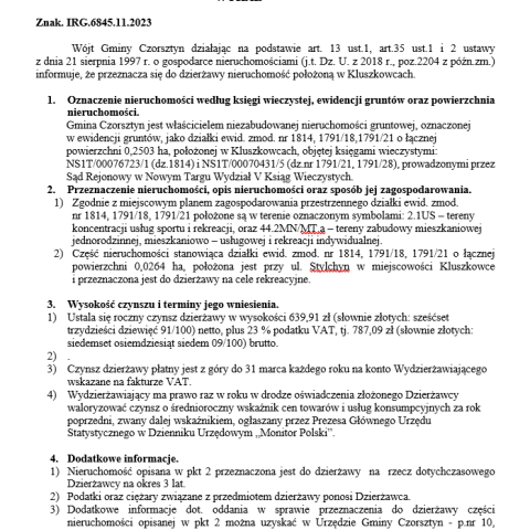 Wójt Gminy Czorsztyn podaje do publicznej wiadomości wykaz nieruchomości przeznaczonej do oddania w dzierżawę
