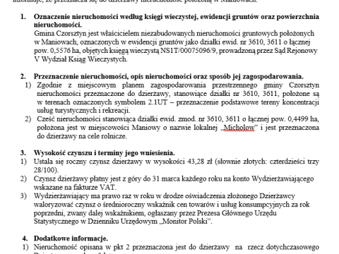 Wójt Gminy Czorsztyn podaje do publicznej wiadomości wykaz nieruchomości przeznaczonej do oddania w dzierżawę