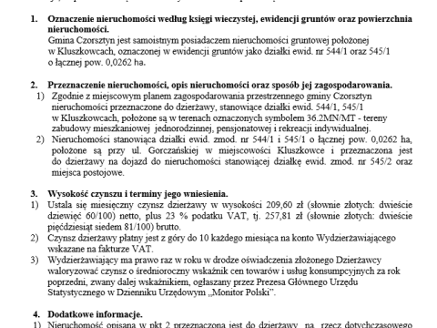 Wójt Gminy Czorsztyn podaje do publicznej wiadomości wykaz nieruchomości przeznaczonej do oddania w dzierżawę