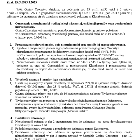 Wójt Gminy Czorsztyn podaje do publicznej wiadomości wykaz nieruchomości przeznaczonej do oddania w dzierżawę
