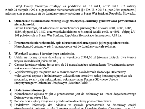 Wójt Gminy Czorsztyn podaje do publicznej wiadomości wykaz nieruchomości przeznaczonej do oddania w dzierżawę